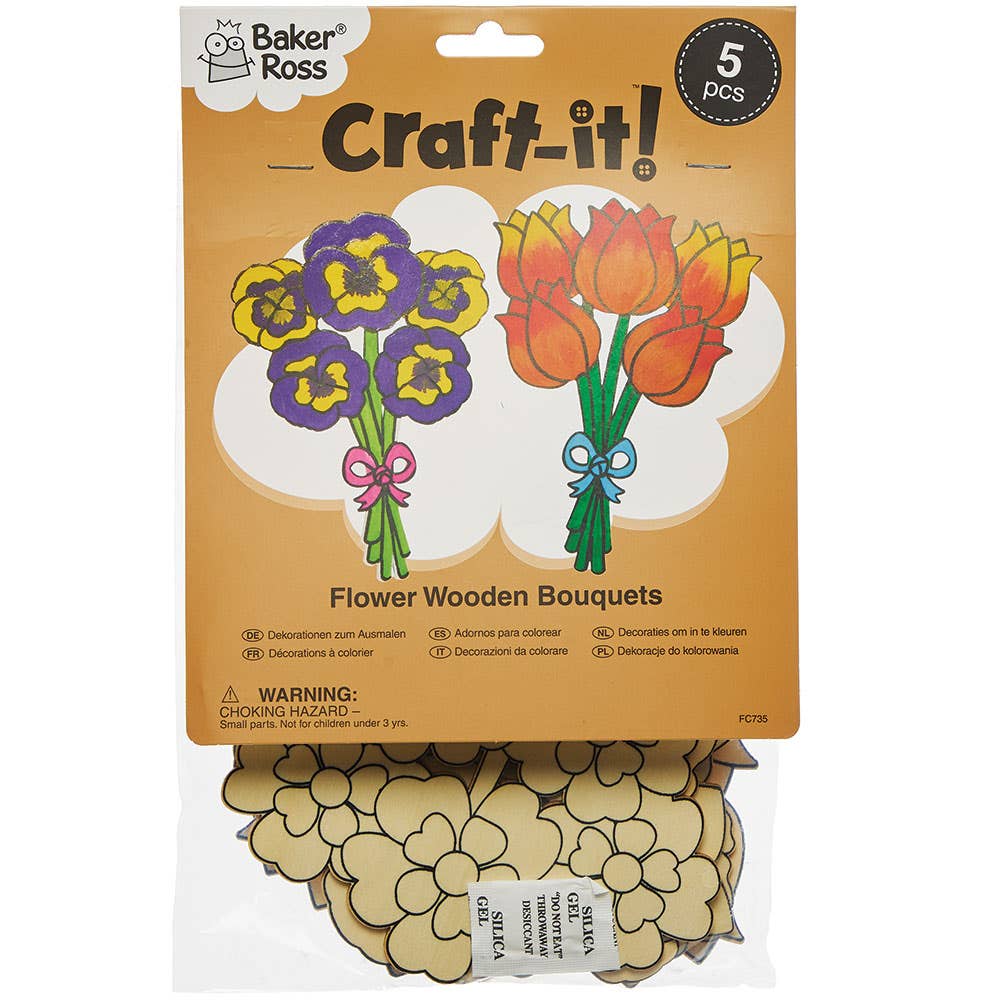 Bloemen Boeketten Van Hout: bruine knutselverpakking met getekende kleurrijke bloemenboeketten en zichtbare houten bloemvormen in plastic zak