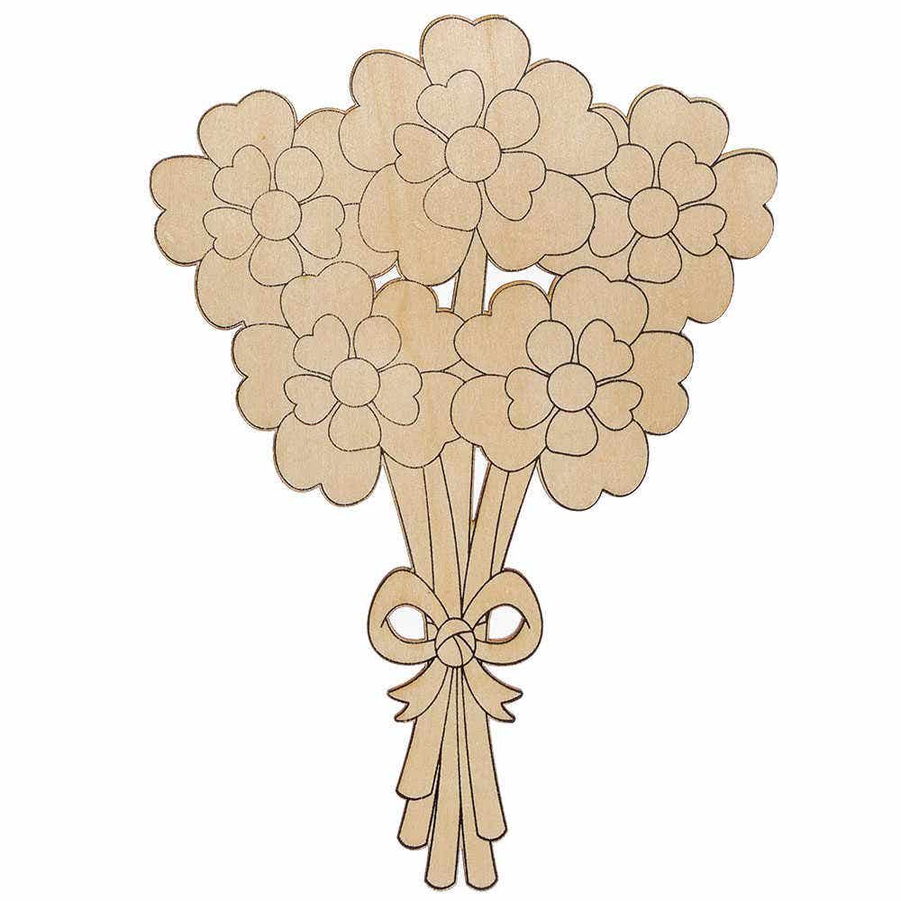 Bloemen Boeketten Van Hout: uitgesneden lichtbruine houten bos met eenvoudige bloemen en lintstrik, decoratief, plat ontwerp