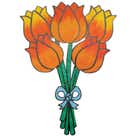 Bloemen Boeketten Van Hout: geschilderd houten boeket met zes oranje en gele tulpen, groene stelen en lichtblauwe strik