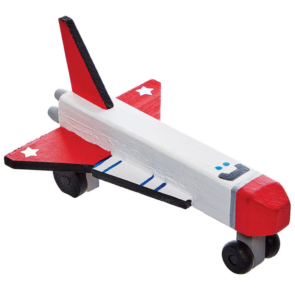 Houten ruimteveer Sets: houten speelgoed space shuttle in wit, rood en zwart met blauwe details, staartvin en eenvoudige wieltjes