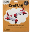 Houten ruimteveer Sets: oranje kartonnen verpakking met twee geschilderde houten spaceshuttles in wit, rood en blauw, klaar om te knutselen