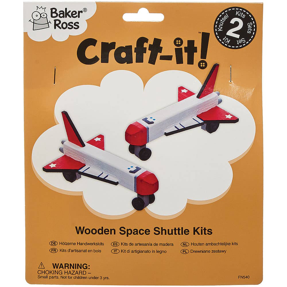 Houten ruimteveer Sets: oranje kartonnen verpakking met twee geschilderde houten spaceshuttles in wit, rood en blauw, klaar om te knutselen
